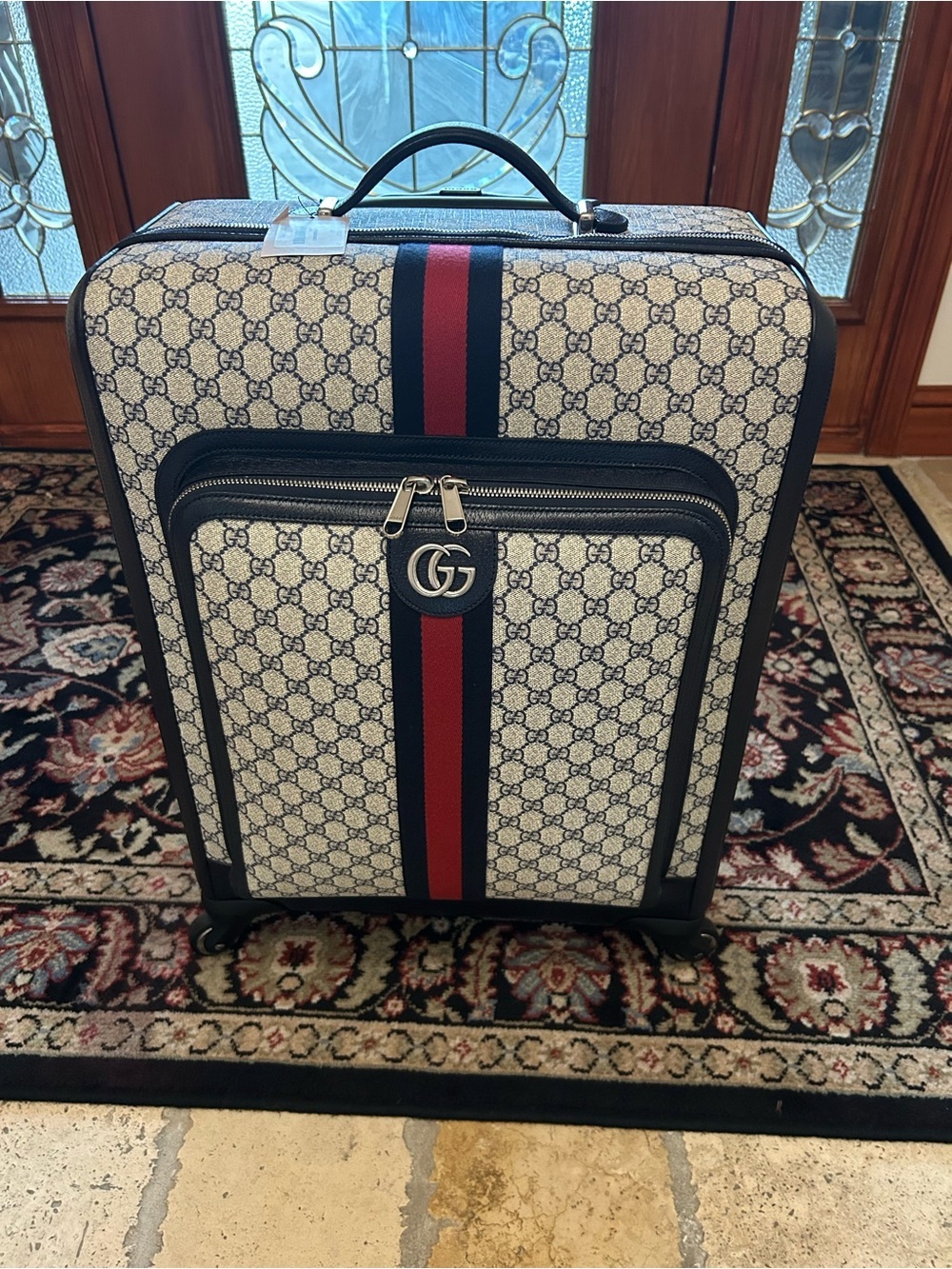 Gucci Savoy, GG Supreme suitcase, iconic blue/red web stripe made in Italy